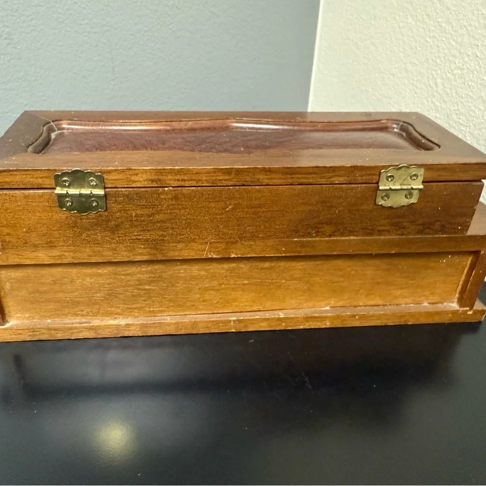 VTG Wood Dresser Valet Box w Drawer Jewelry Change Tie Clips Keys Rings Necklace